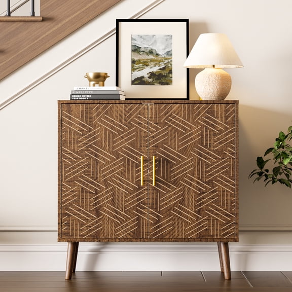 32" Wide Sideboard Buffet with Adjustable Shelves & Gold Handles - Solid Wood Legs, Kitchen Storage Cabinet for Dining/Living Room, Hallway - Brown