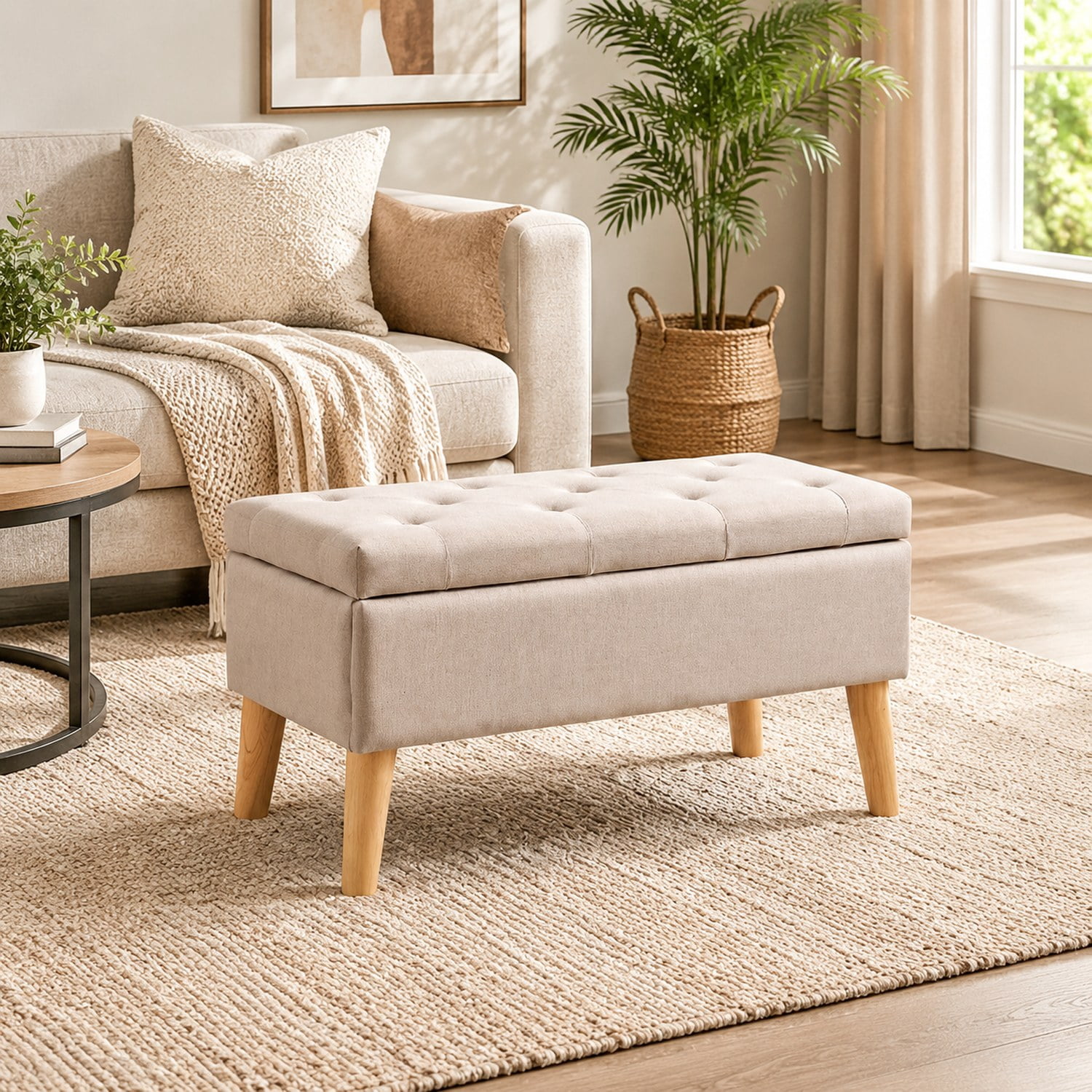 32" Wide Square Storage Ottoman Bench with Inner Storage Space, Upholstered Footrest & Bed End Bench, Multi‑Functional for Living Room, Bedroom