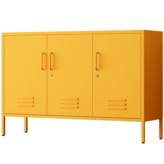 32" Wide 3-Door Lockable Metal Storage Cabinet with Accent Cabinet Locker, Heavy Duty Home Tool Cabinet, 2 Removable Shelves & Easy Assembly, for Home, Office, Entryway and Hallway Yellow