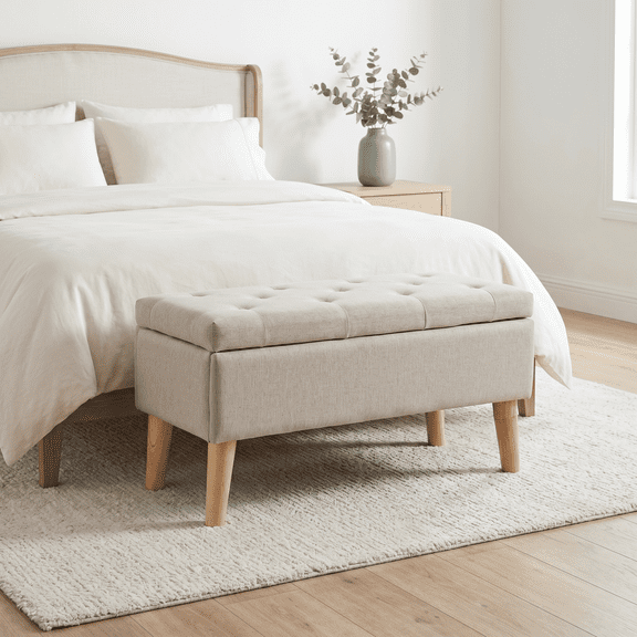 32" Wide Storage Ottoman Bench with Built-in Tray, Square Storage Ottoman for Extra Storage, Upholstered Footrest and End of Bed Bench, Perfect for Living Room, Bedroom, Sitting, Relaxing,Beige