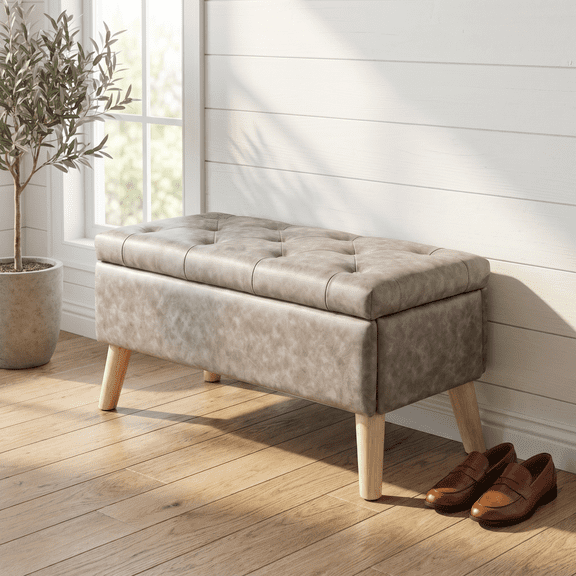 32" Wide Storage Ottoman Bench with Built-in Tray, Square Storage Ottoman for Extra Storage, Upholstered Footrest and End of Bed Bench, Perfect for Living Room, Bedroom, Sitting, Relaxing, Grey