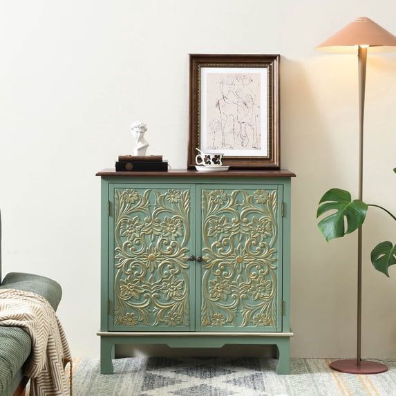Ahokua 32" Vintage Green Sideboard Buffet Cabinet with Flower Carved Doors, Gold Resin Handles for Living Room
