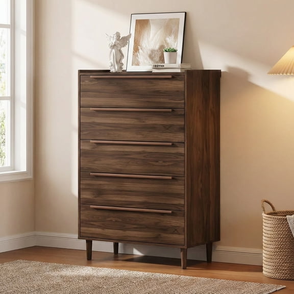 32" Wide Walnut 5 Drawer Dresser, 48" Tall Mid-Century Modern Chest of Drawers for Bedroom, Slim Vertical Wood Grain Storage Cabinet with Raised Edge & Anti-Tip Kit