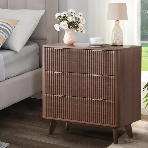 32 in Width Fluted Bedroom - Nightstand, Modern 3 Drawer Bedside Table, Wood Chest of Bedside Table with Curved Profile, End Table for Bedroom, Living Room, Hallway, Entryway