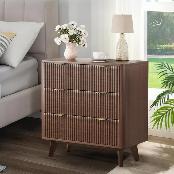 32" Width Fluted Nightstand, Modern 3 Drawer Bedside Table with Gold Handle and Large Drawer, Wood Chest of Bedside Table with Curved Profile, End Table for Bedroom, Living Room, Hallway