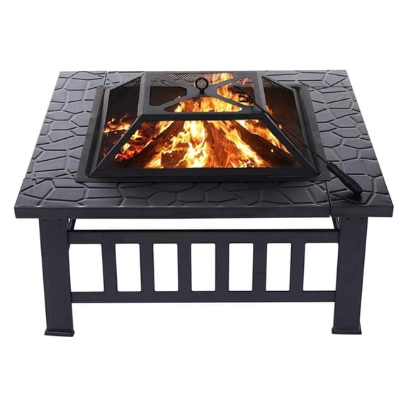 32" Wood Burning Fire Pit, Steel Square Outdoor BBQ Grill Bowl with Screen Cover