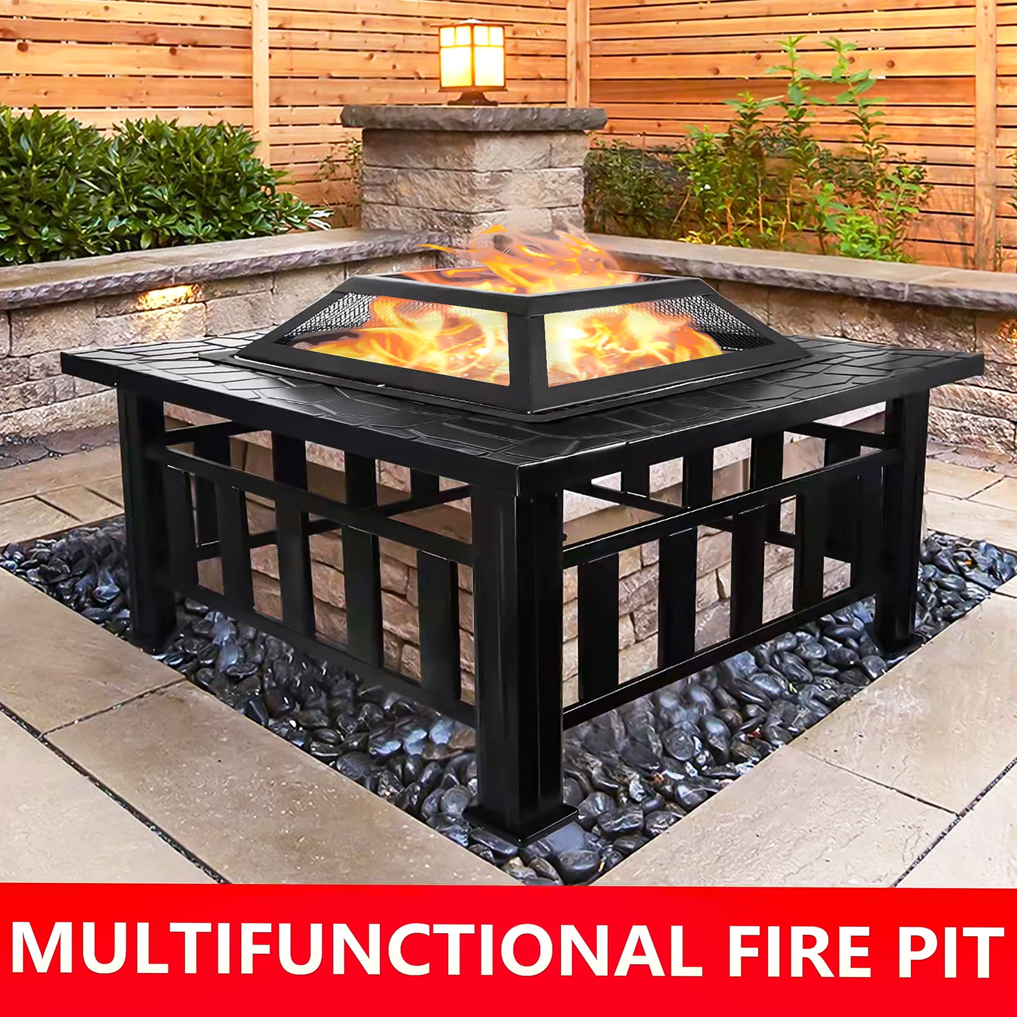 32'' Patio Summer Outside Wood Burning Fire Pit Table, 360°Mesh Screen