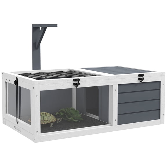32" Wooden Tortoise Habitat with Lamp Holder, Indoor/Outdoor Tortoise Enclosure with Pull-out Trays & Openable Lids, Gray