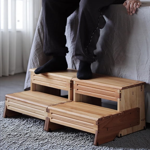 32" Wooden Two Step Stool for Adult & Kid, Wider, Deeper & Safer Bedside Steps, Anti-Slip. Riser 2-Step Spa & Hot Tub Stairs for Pool, Heavy Duty for Kitchen, Bathroom, Closet, High Bed Step