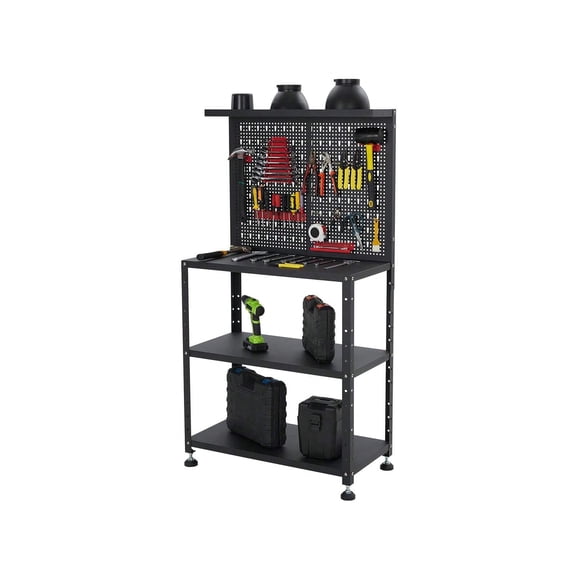 32" Workbench, 650 Lbs Capacity Heavy-Duty Steel Workbench Organizer With 14 PCS Hanging Kits And 2-Tier Storage Shelves, Multipurpose Tool Workstation For Garage, Workshop