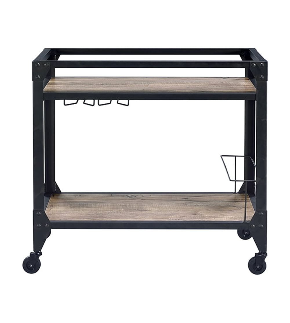 Rustic Oak & Charcoal Metal Serving Cart with Elegant Caster Wheels