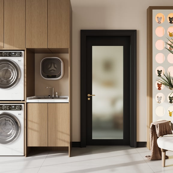 32" X 80"1-Lite Frosted Glass Interior Door For Pantry, Laundry, Closet, Kitchen, Bypass, Pocket Slab Door W/O Hardware,Black