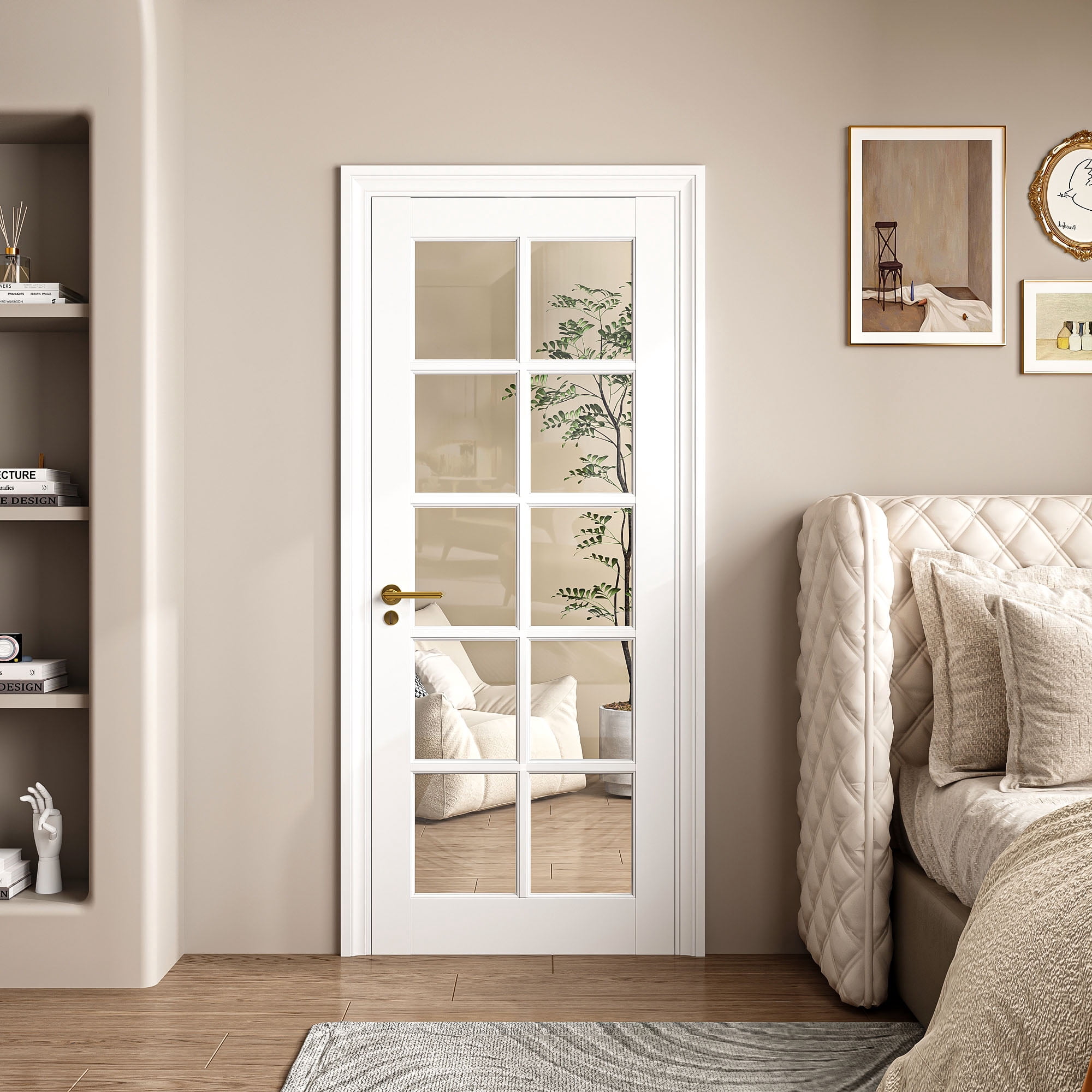 32" X 80" 10-Lite Clear Glass Interior Door Slab, White Primed Shaker French Door for Pantry Bedroom Living Room Office, DIY Paintable w/o Hardware