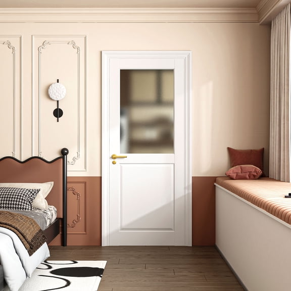 32'' X 80" Frosted Glass Slab Door Solid Manufactured Wood -shower door White Primed Standard Door Without Hardware Kit