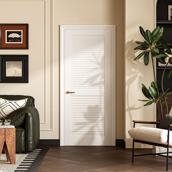 32" X 80"Louver Interior Door Slab, White Pvc Waterproof Moisture-Resistant For Laundry Closet Pantry Bathroom, Sliding Pocket Barn Bypass W/O Hardware&Frame