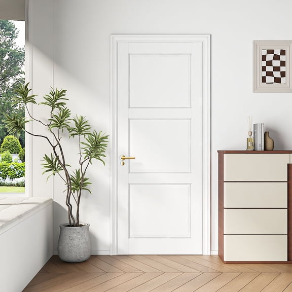 32" X 80"Primed Slab Door 3-Paneled Solid Core Wood Standard Door for Pantry Doors, French Doors, Pocket Doors, Solid Core prehung Interior Door Without Hardware Kit