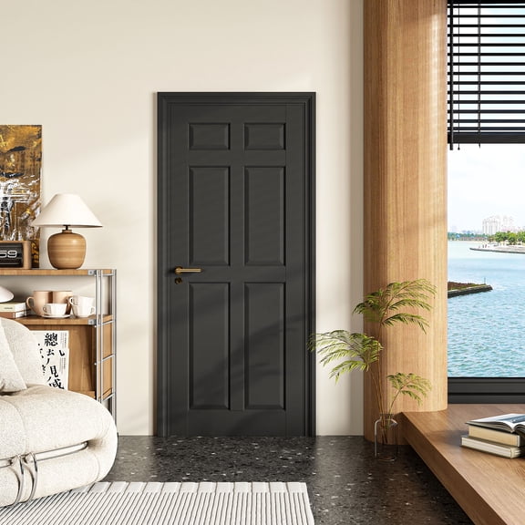 32" X 80"Primed Slab Door 6-Paneled Solid Core Wood Standard Door Without Hardware Kit for Bedroom Pantry Laundry Closet Door Panel, No Assembly Required