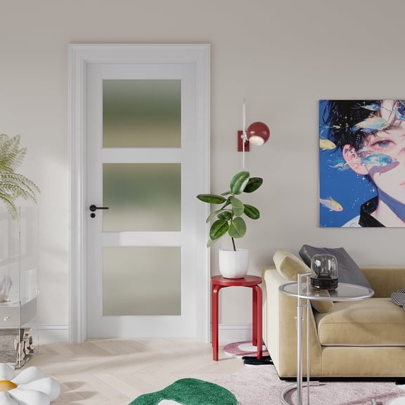 32'' x 80" 3-Lite Frosted Glass Interior Door Slab, Tempered Privacy White Primed Shaker Door for Bathroom Bedroom Closet, DIY Paintable w/o Hardware