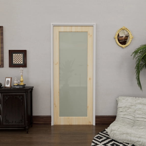 32" X 96" Interior Frosted Glass Door Slab Pine Solid Wood Pantry Standard Door For Sliding Closet Door