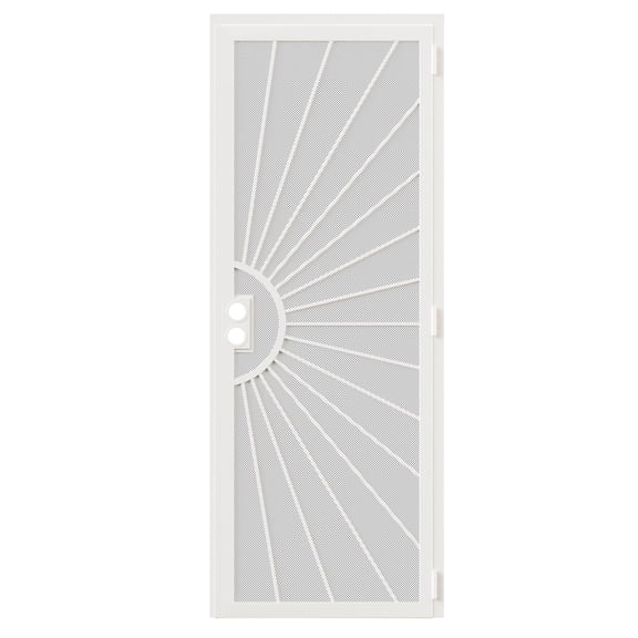 32''X80'' Security Screen Door Perforated Mesh Steel with Rust-Resistant Finish and Dual-Bore, Reversible Left or Right in White