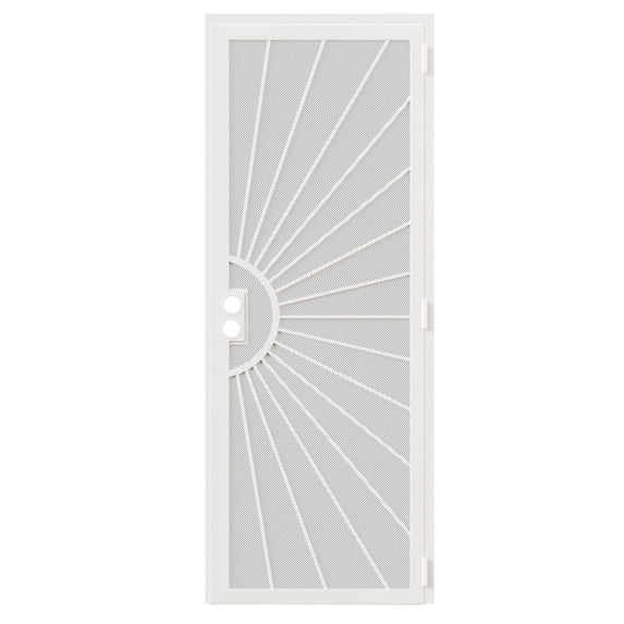 32''X80'' Security Screen Door – Perforated Mesh Steel with Rust-Resistant Finish and Dual-Bore, Reversible Left or Right in White