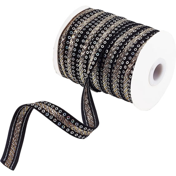 32 Yards Sequin Ribbon Black Paillette Fabric Ribbon Flat Glitter Stretch Metallic Applique Trim