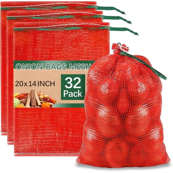 32 count 20x14in Red Mesh Onion Bags with Drawstring, 35 lb Produce Onion Storage Sacks For Onions Garlic Citrus Crawfish and Firewood, Washable Breathable Net Bags For Vegetable | Breathable