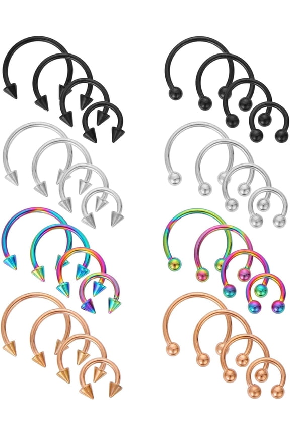 32 count Septum Rings, 18G Horseshoe Ring for Women Men, Variety of Sizes Surgical Steel Horse Shoe Nose Rings, Nose Septum Horseshoe Hoop Earring Eyebrow Earring Hoop Lip