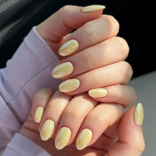 32 count Yellow Chrome Press Nails Short Almond Nails Spring Summer Nails Press Ons With Mirror Design Cute False Full Cover Stick For Women Manicure