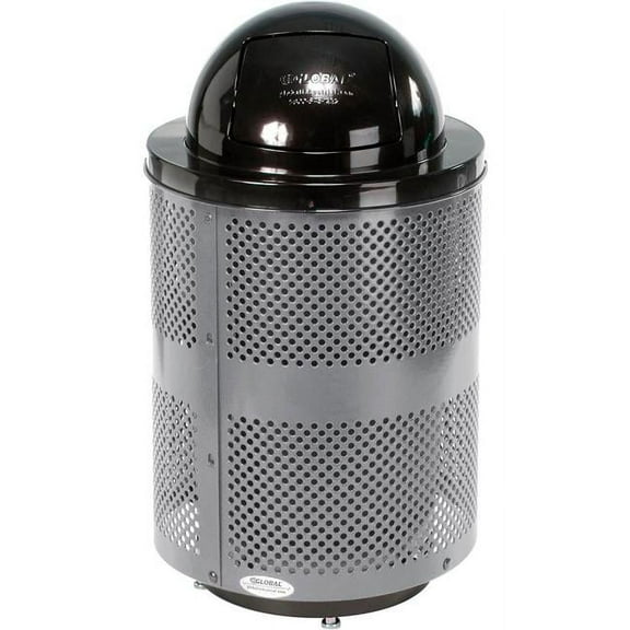 32 gal Outdoor Perforated Steel Trash Can with Dome Lid & Base, Gray