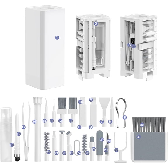 32-in-1 Multi-Functional Cleaning Kit for Electronics Including Headphones,Mobile Phones,Computer,Monitor,Lens and etc, Compact and Portable Design, White