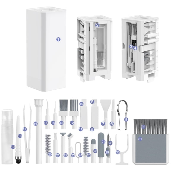 32-in-1 Multi-Functional Cleaning Kit for Electronics Including Headphones,Mobile Phones,Computer,Monitor,Lens and etc, Compact and Portable Design, White