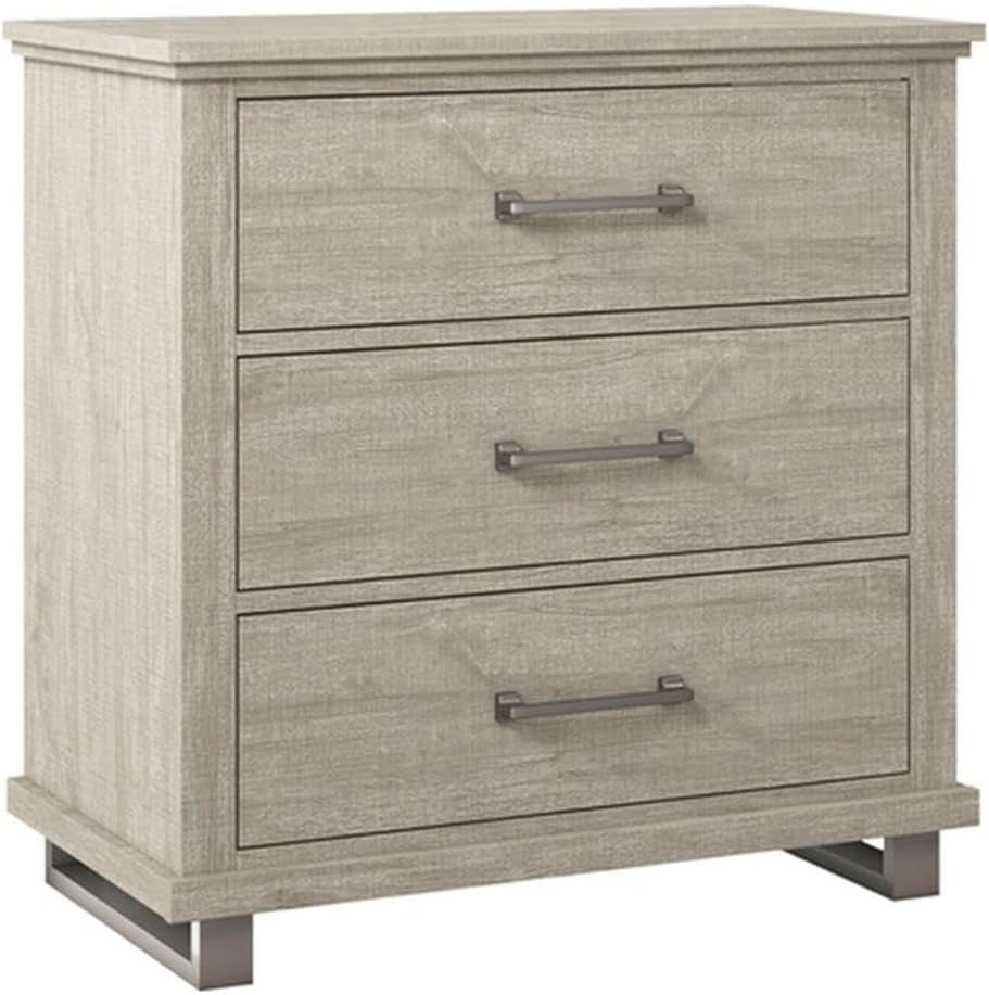 Beige 32'' Modern Nightstand with 3 Drawers and Metal Legs