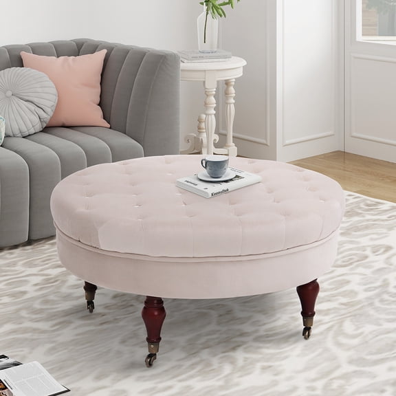 32 in. Beige Velvet Upholstered Round Cocktail Ottoman with Wheels