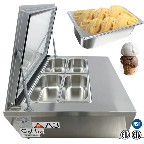 NSF 32 in. Countertop Gelato Ice Cream Display Freezer 2.4 cu.ft. 4 Pan Display Freezer Stainless Steel