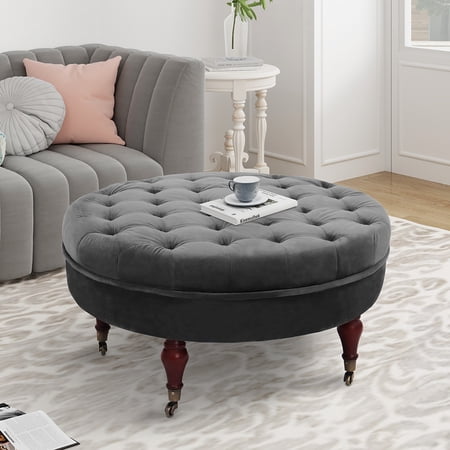32 in. Dark Gray Velvet Upholstered Round Cocktail Ottoman with Wheels