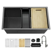 32 in. Gunmetal Black Stainless Steel Single Bowl Undermount Workstation Kitchen Sink with Black Spring Neck Faucet