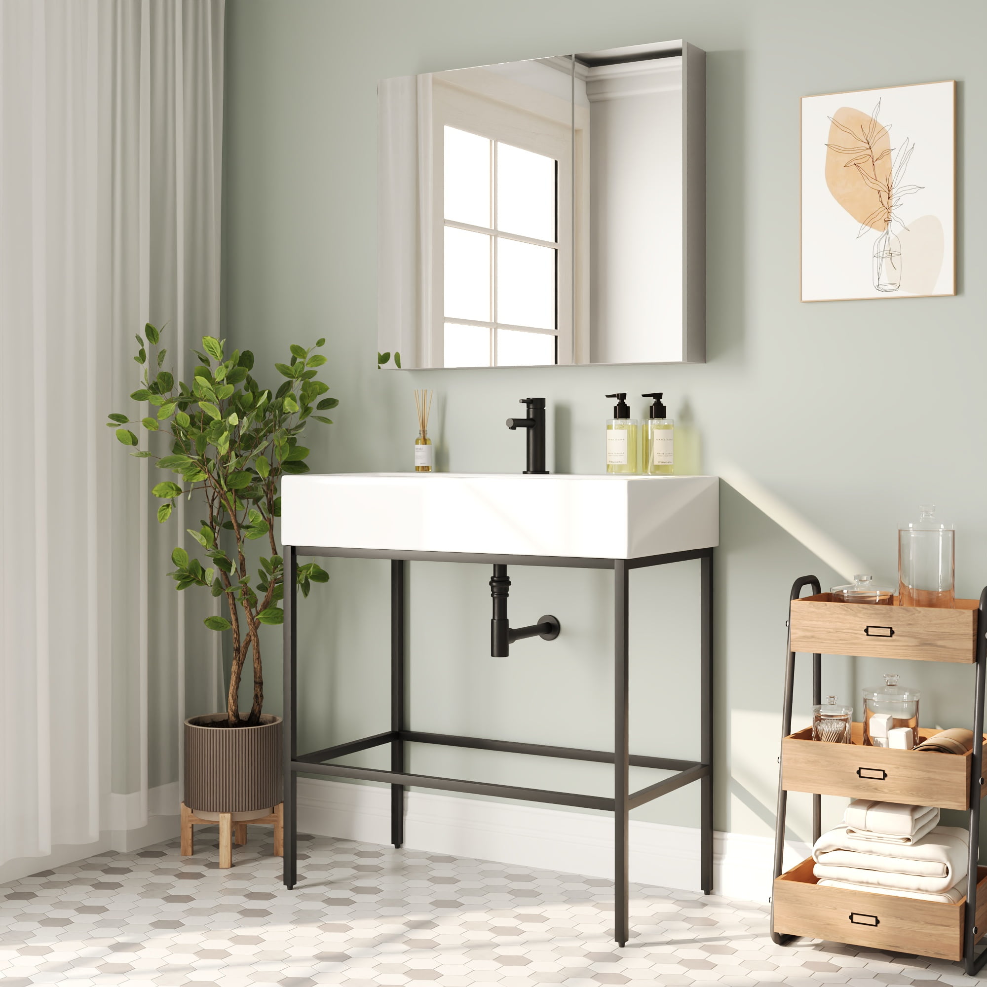 Black Ceramic Wall-Mount Console Bathroom Sink with Stainless Steel Bracket