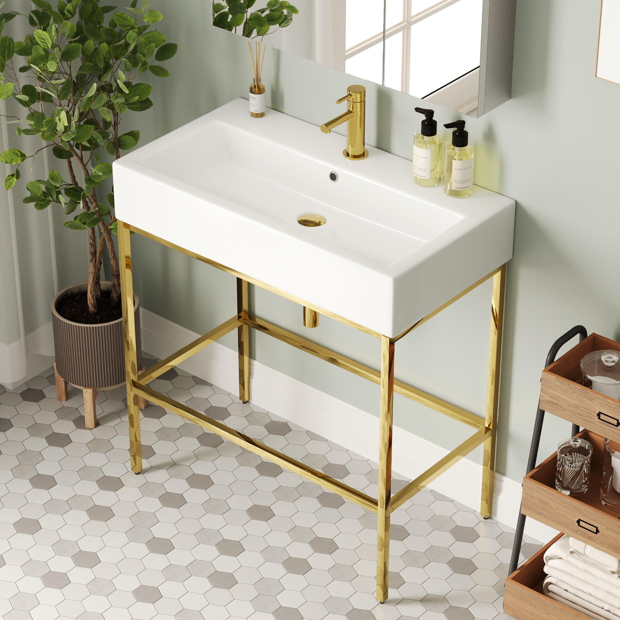 White Ceramic Console Sink with Gold Stainless Steel Frame