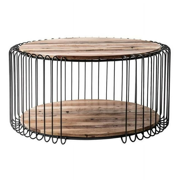 32 in. Reclaimed Wood & Iron Round Coffee Table, Black & Natural