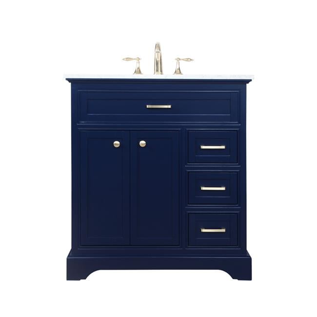 32" Blue Solid Wood and MDF Bathroom Vanity with Carrara Marble Top