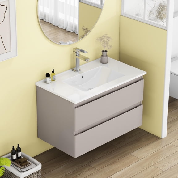 32 in Solid Wood Floating Bathroom Vanity w/ 2 Soft-Close Drawers&Sink,No Faucet,Easy to Install,Mocha Gray