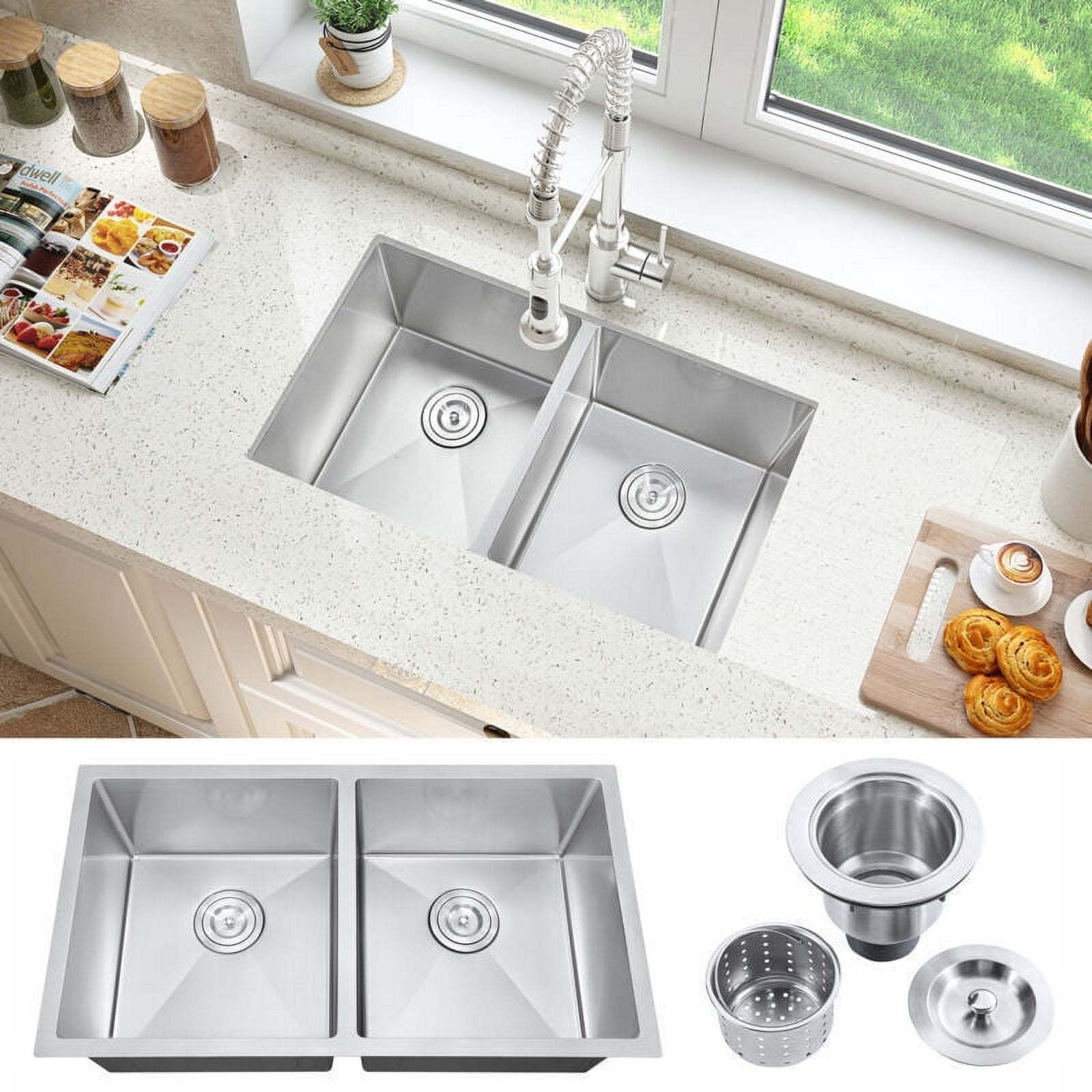 32 in Sunken Kitchen Sink, Double Bowl Sink, Kitchen Double Bowl Sink Basin Under The Table 304 Stainless Steel