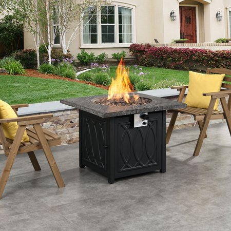 32 in. W x 24.5 in. H Square Black Metal Base Propane Gas Fire Pit with Dark Gray Table Top in Black