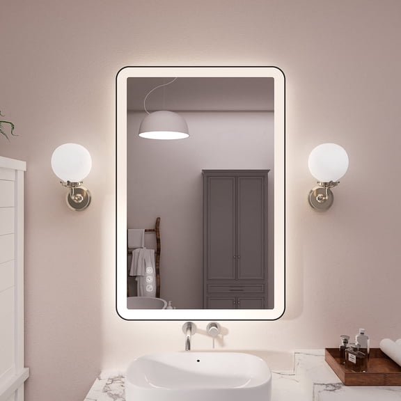 32 in. W x 24 in. H Rectangular Corner-round Border Ultra-bright LED Wall-mounted Bathroom Vanity Mirror in Matte Black
