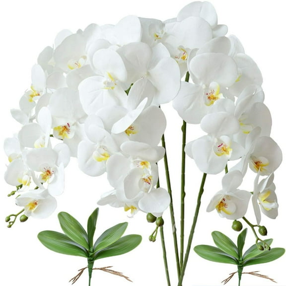 32 inch Artificial Phalaenopsis Flowers 4 Pcs with 2 Bundles Leaves Artificial Orchid Flowers Stem Plants for Home Décor, Wedding,Part (White)