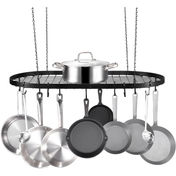 32 inch Black Carbon Steel Ceiling Mounted Pot Rack with 12 Hooks, 80 lbs Load Capacity, Ideal for Home, Restaurant, Kitchen Cookware and Utensils