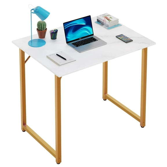 32 inch Computer Desk, Study Writing Table for Small Space, Save Space Office Desk with Metal Legs, Modern Steel Frame Wood PC Workstation for Home Office, Gold