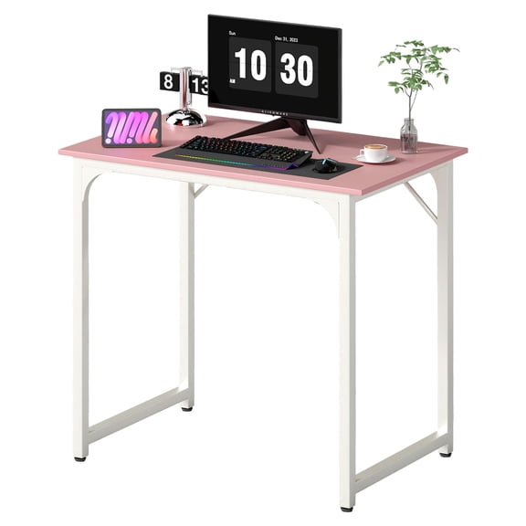32 inch Computer Desk, Study Writing Table for Small Space, Save Space Office Desk with Metal Legs, Modern Steel Frame Wood PC Workstation for Home Office, Pink