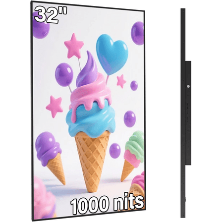 32 inch Digital Signage, 1000nits High Brightness Advertising Display, Slim Fit Frameless LCD Monitor, CMS Remote Publishing, 24/7 Operation, Smart Split Screen Play, HDMI/USB/WiFi/Android System